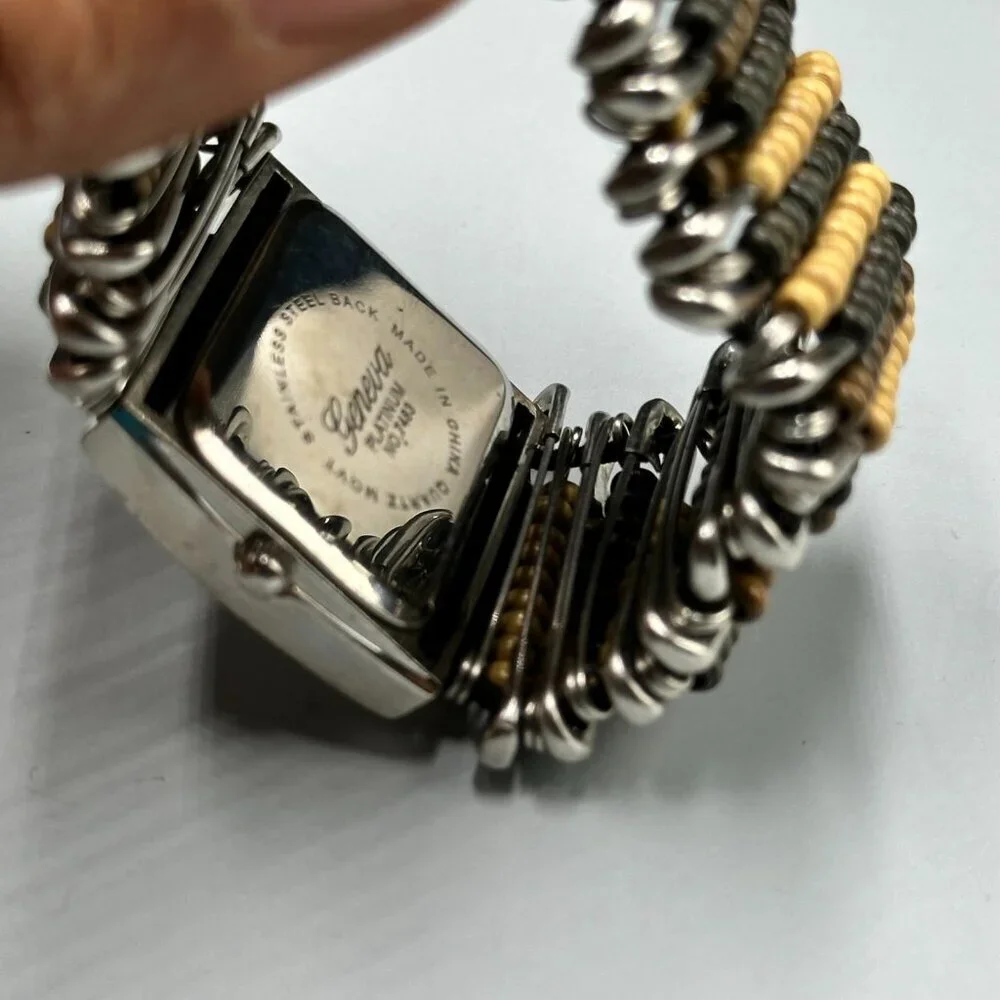 3/$30 Geneva Watch Women Silver Brown Wood Beads Safety Pins Stretch Band 7.25
